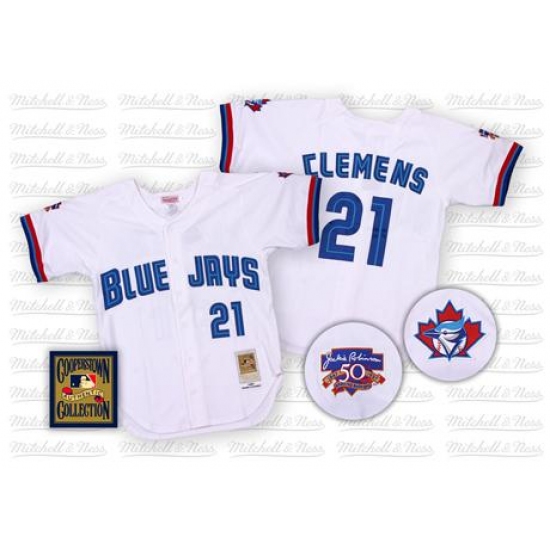Men's Mitchell and Ness Toronto Blue Jays 21 Roger Clemens Authentic White Throwback MLB Jersey
