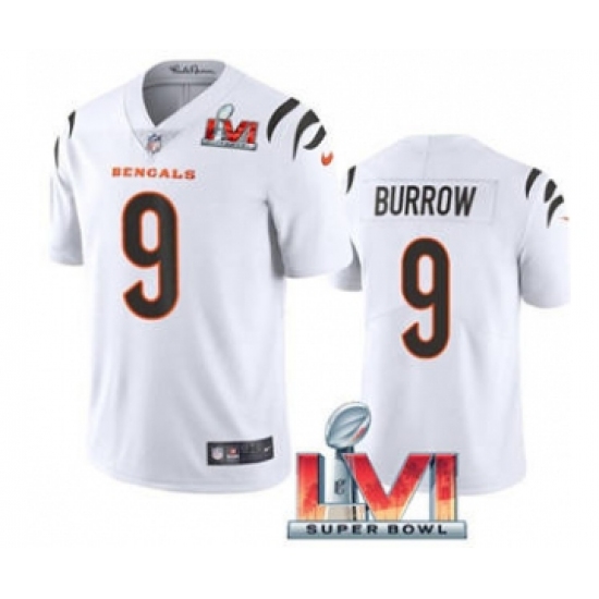 Men's Cincinnati Bengals 9 Joe Burrow White 2022 Super Bowl LVI Vapor Limited Stitched Jersey