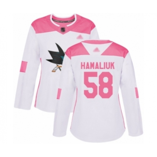 Women's San Jose Sharks 58 Dillon Hamaliuk Authentic White Pink Fashion Hockey Jersey