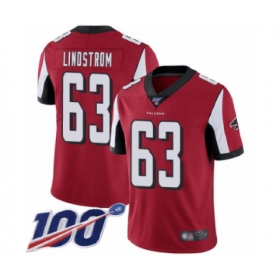 Men's Atlanta Falcons 63 Chris Lindstrom Red Team Color Vapor Untouchable Limited Player 100th Season Football Jersey