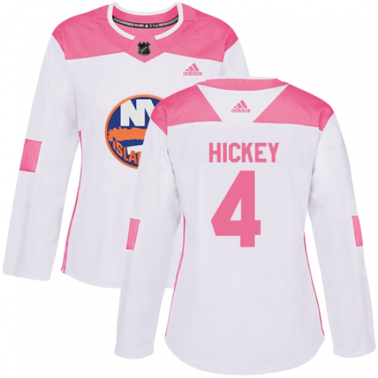 Women's Adidas New York Islanders 4 Thomas Hickey Authentic White Pink Fashion NHL Jersey