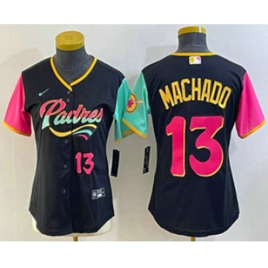 Women's San Diego Padres 13 Manny Machado Black Number 2022 City Connect Cool Base Stitched Jersey