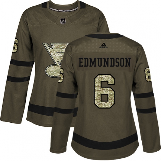 Women's Adidas St. Louis Blues 6 Joel Edmundson Authentic Green Salute to Service NHL Jersey