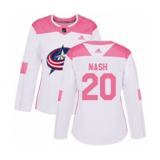 Women's Adidas Columbus Blue Jackets 20 Riley Nash Authentic White Pink Fashion NHL Jersey