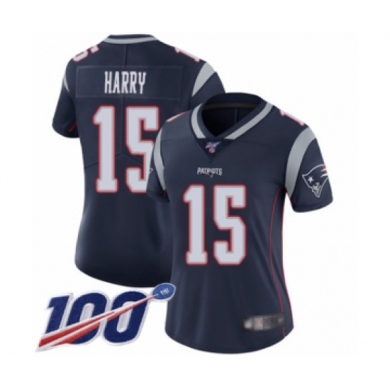 Women's New England Patriots 15 NKeal Harry Navy Blue Team Color Vapor Untouchable Limited Player 100th Season Football Jersey