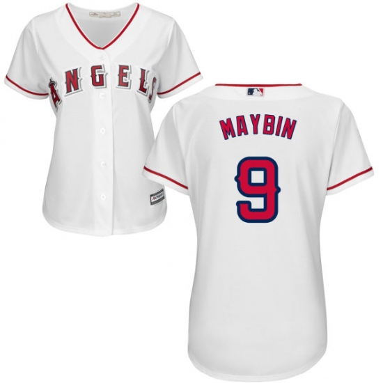 Women's Majestic Los Angeles Angels of Anaheim 9 Cameron Maybin Authentic White Home Cool Base MLB Jersey