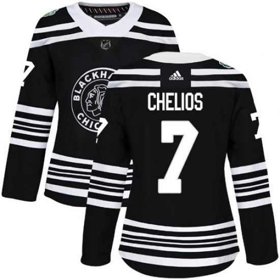 Women's Adidas Chicago Blackhawks 7 Chris Chelios Authentic Black 2019 Winter Classic NHL Jersey