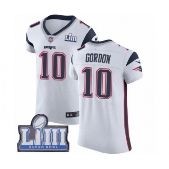 Men's Nike New England Patriots 10 Josh Gordon White Vapor Untouchable Elite Player Super Bowl LIII Bound NFL Jersey
