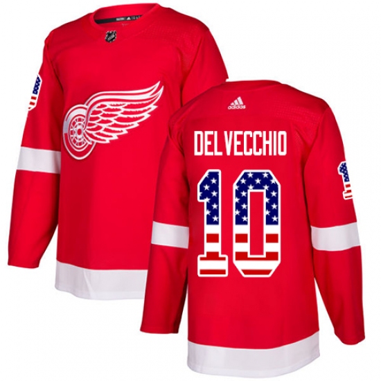 Men's Adidas Detroit Red Wings 10 Alex Delvecchio Authentic Red USA Flag Fashion NHL Jersey