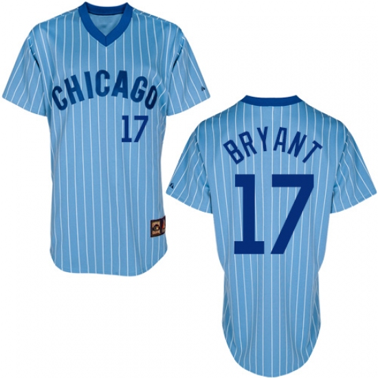 Men's Majestic Chicago Cubs 17 Kris Bryant Authentic Blue/White Strip Cooperstown Throwback MLB Jersey