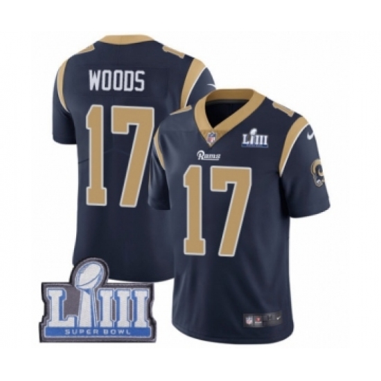 Youth Nike Los Angeles Rams 17 Robert Woods Navy Blue Team Color Vapor Untouchable Limited Player Super Bowl LIII Bound NFL Jersey