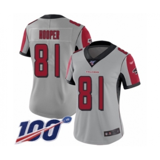 Women's Atlanta Falcons 81 Austin Hooper Limited Silver Inverted Legend 100th Season Football Jersey