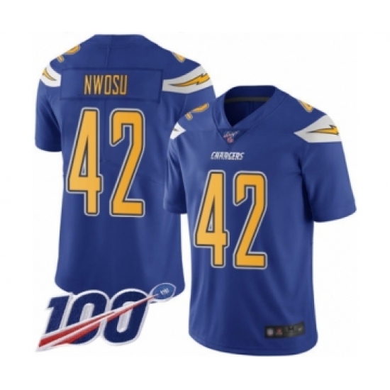Men's Los Angeles Chargers 42 Uchenna Nwosu Limited Electric Blue Rush Vapor Untouchable 100th Season Football Jersey