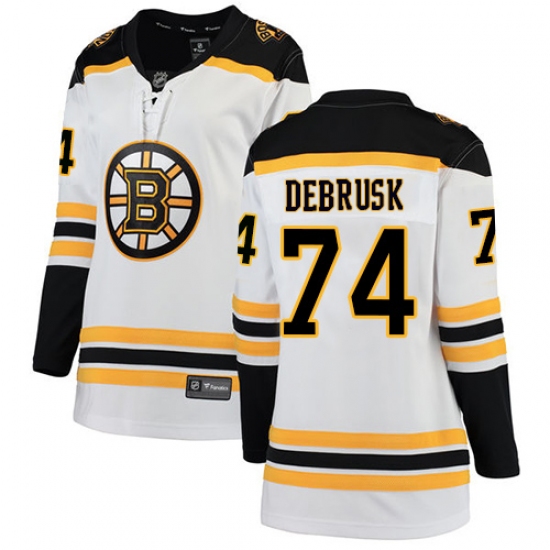 Women's Boston Bruins 74 Jake DeBrusk Authentic White Away Fanatics Branded Breakaway NHL Jersey