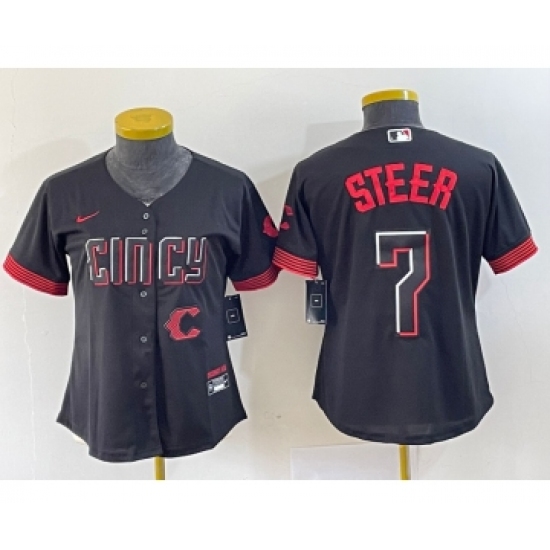 Women's Nike Cincinnati Reds 7 Spencer Steer Black 2023 City Connect Cool Base Stitched Baseball Jersey1