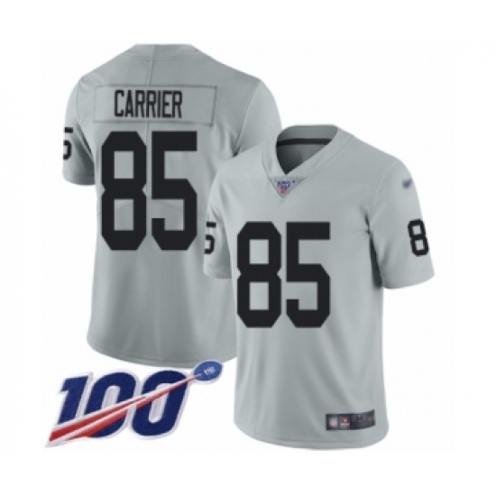 Men's Oakland Raiders 85 Derek Carrier Limited Silver Inverted Legend 100th Season Football Jersey