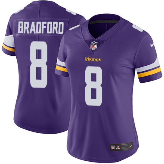Women's Nike Minnesota Vikings 8 Sam Bradford Purple Team Color Vapor Untouchable Limited Player NFL Jersey