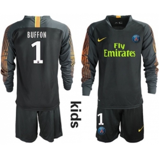 Paris Saint Germain 1 Buffon Black Goalkeeper Long Sleeves Kid Soccer Club Jersey