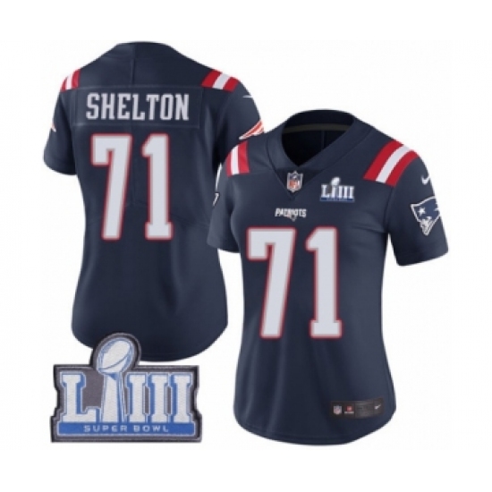 Women's Nike New England Patriots 71 Danny Shelton Limited Navy Blue Rush Vapor Untouchable Super Bowl LIII Bound NFL Jersey