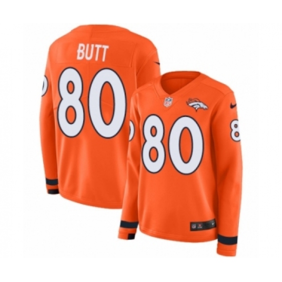Women's Nike Denver Broncos 80 Jake Butt Limited Orange Therma Long Sleeve NFL Jersey