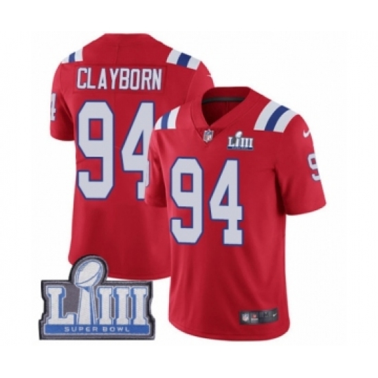 Men's Nike New England Patriots 94 Adrian Clayborn Red Alternate Vapor Untouchable Limited Player Super Bowl LIII Bound NFL Jersey