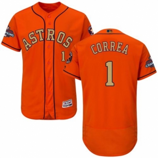Men's Majestic Houston Astros 1 Carlos Correa Orange Alternate 2018 Gold Program Flex Base Authentic Collection MLB Jersey