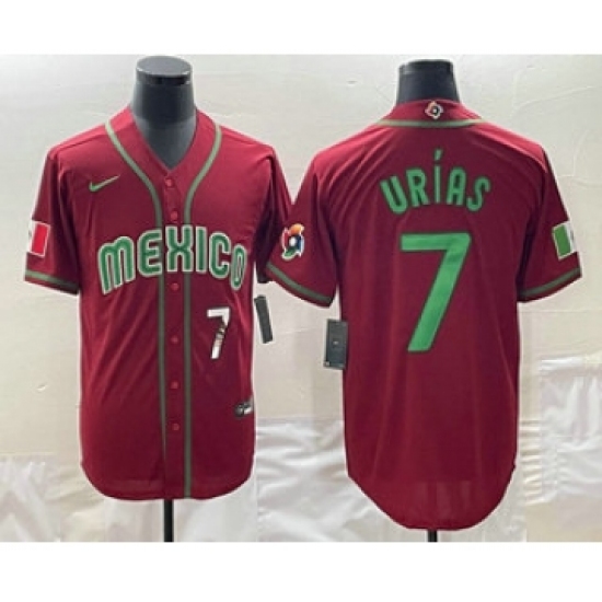 Mens Mexico Baseball 7 Julio Urias Number 2023 Red Green World Baseball Classic Stitched Jersey