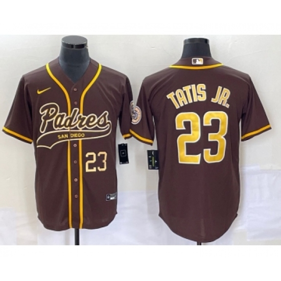 Men's San Diego Padres 23 Fernando Tatis Jr Number Brown NEW 2023 Cool Base Stitched Jersey