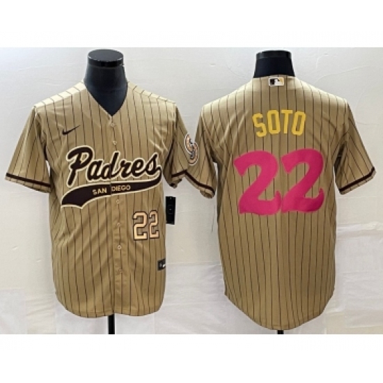Men's San Diego Padres 22 Juan Soto Number Tan Pinstripe 2023 City Connect Cool Base Stitched Jersey