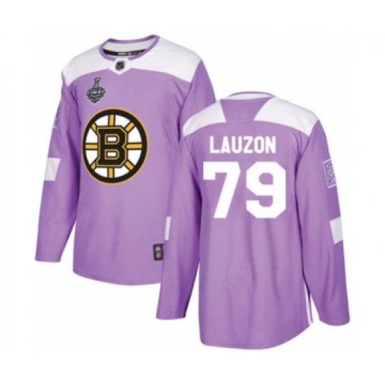 Youth Boston Bruins 79 Jeremy Lauzon Authentic Purple Fights Cancer Practice 2019 Stanley Cup Final Bound Hockey Jersey