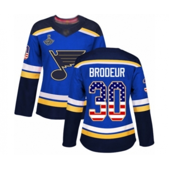 Women's St. Louis Blues 30 Martin Brodeur Authentic Blue USA Flag Fashion 2019 Stanley Cup Champions Hockey Jersey