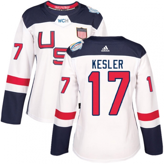 Women's Adidas Team USA 17 Ryan Kesler Premier White Home 2016 World Cup Hockey Jersey