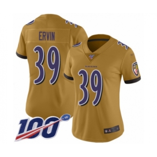 Women's Baltimore Ravens 39 Tyler Ervin Limited Gold Inverted Legend 100th Season Football Jersey