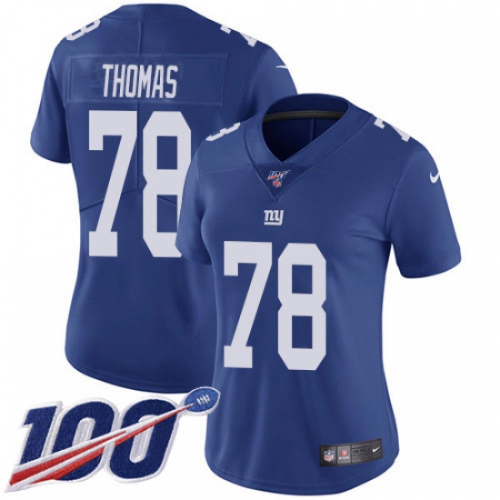 Women's New York Giants 78 Andrew Thomas Royal Blue Team Color Stitched NFL 100th Season Vapor Untouchable Limited Jersey