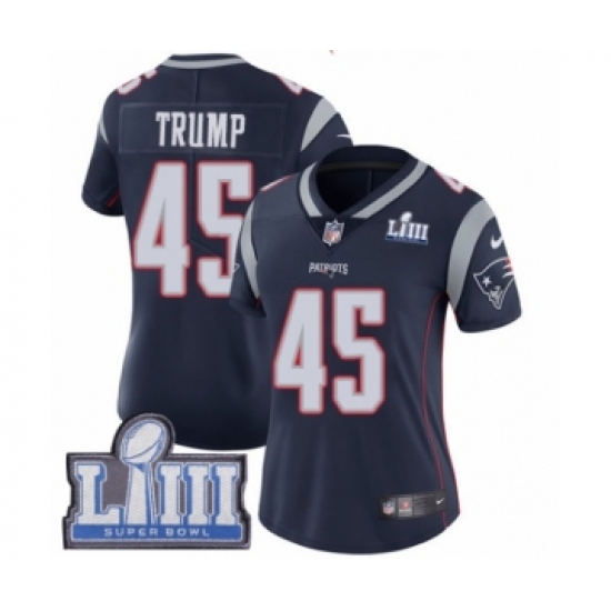 Women's Nike New England Patriots 45 Donald Trump Navy Blue Team Color Vapor Untouchable Limited Player Super Bowl LIII Bound NFL Jersey