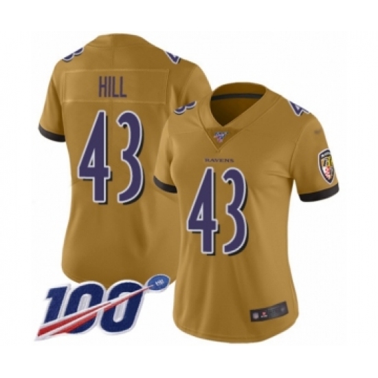 Women's Baltimore Ravens 43 Justice Hill Limited Gold Inverted Legend 100th Season Football Jersey