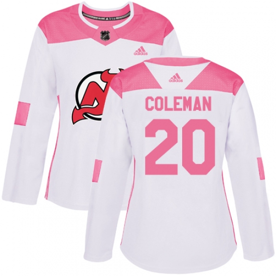 Women's Adidas New Jersey Devils 20 Blake Coleman Authentic White Pink Fashion NHL Jersey