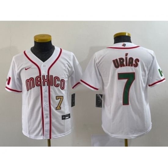 Youth Mexico Baseball 7 Julio Urias Number 2023 Red World Baseball Classic Stitched Jersey