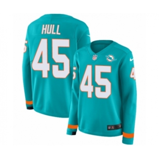 Women's Nike Miami Dolphins 45 Mike Hull Limited Aqua Therma Long Sleeve NFL Jersey