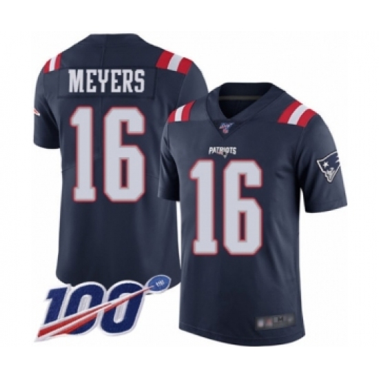 Men's New England Patriots 16 Jakobi Meyers Limited Navy Blue Rush Vapor Untouchable 100th Season Football Jersey