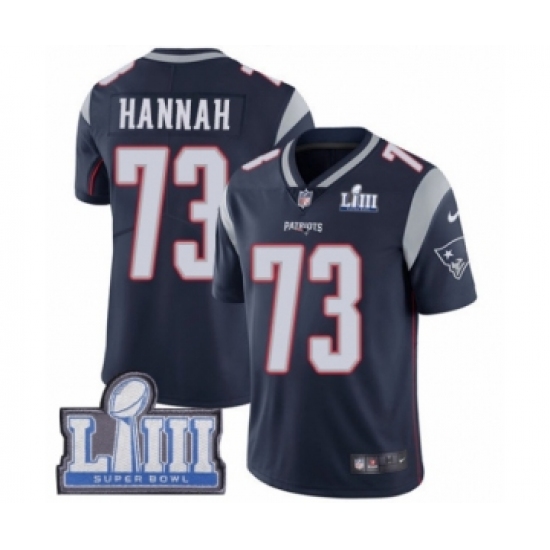 Men's Nike New England Patriots 73 John Hannah Navy Blue Team Color Vapor Untouchable Limited Player Super Bowl LIII Bound NFL Jersey