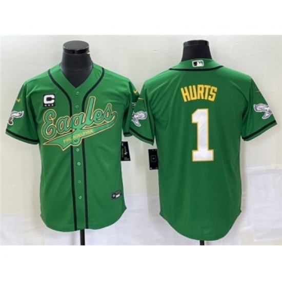 Men's Nike Philadelphia Eagles 1 Jalen Hurts Green With C Cool Base Stitched Baseball Jersey