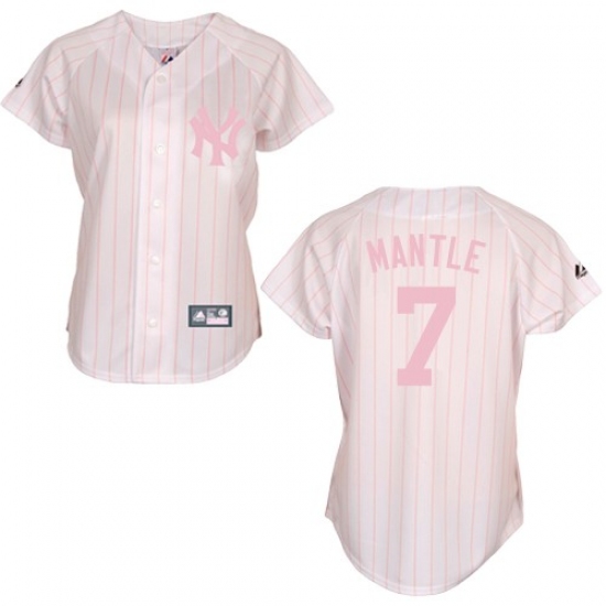 Women's Majestic New York Yankees 7 Mickey Mantle Authentic White/Pink Strip MLB Jersey