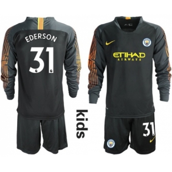 Manchester City 31 Ederson Black Goalkeeper Long Sleeves Kid Soccer Club Jersey