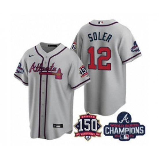 Men's Atlanta Braves 12 Jorge Soler 2021 Gray World Series Champions With 150th Anniversary Patch Cool Base Stitched Jersey