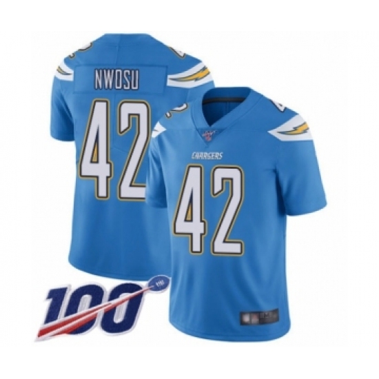 Men's Los Angeles Chargers 42 Uchenna Nwosu Electric Blue Alternate Vapor Untouchable Limited Player 100th Season Football Jersey