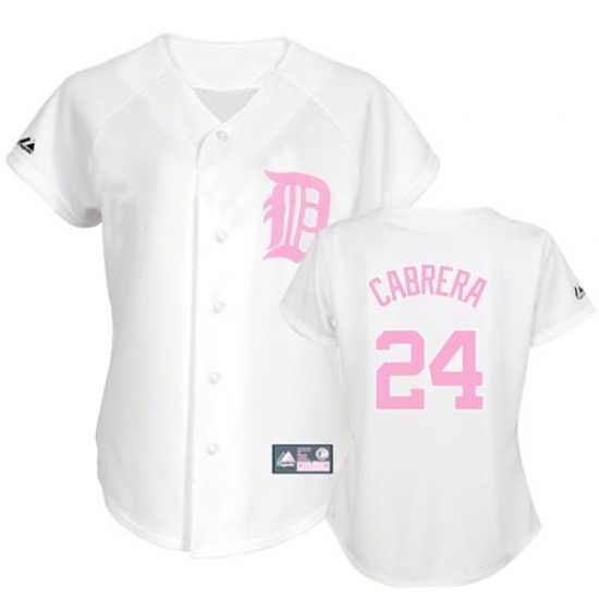 Women's Majestic Detroit Tigers 24 Miguel Cabrera Replica White(Pink No.) Fashion MLB Jersey