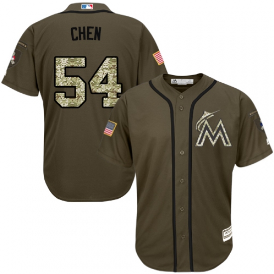 Men's Majestic Miami Marlins 54 Wei-Yin Chen Replica Green Salute to Service MLB Jersey
