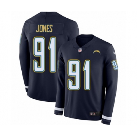 Men's Nike Los Angeles Chargers 91 Justin Jones Limited Navy Blue Therma Long Sleeve NFL Jersey