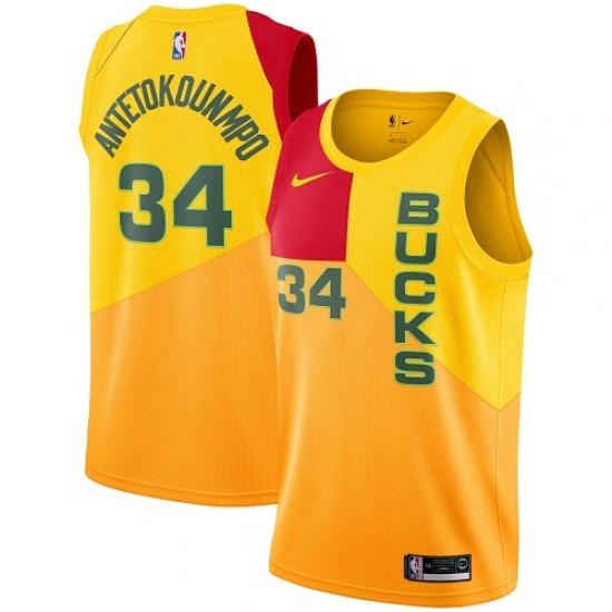 Men's Nike Milwaukee Bucks 34 Giannis Antetokounmpo Swingman Yellow NBA Jersey - City Edition